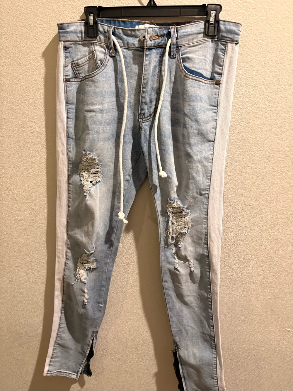 Fashion Nova Light Blue Distressed Jeans with White Side Stripes